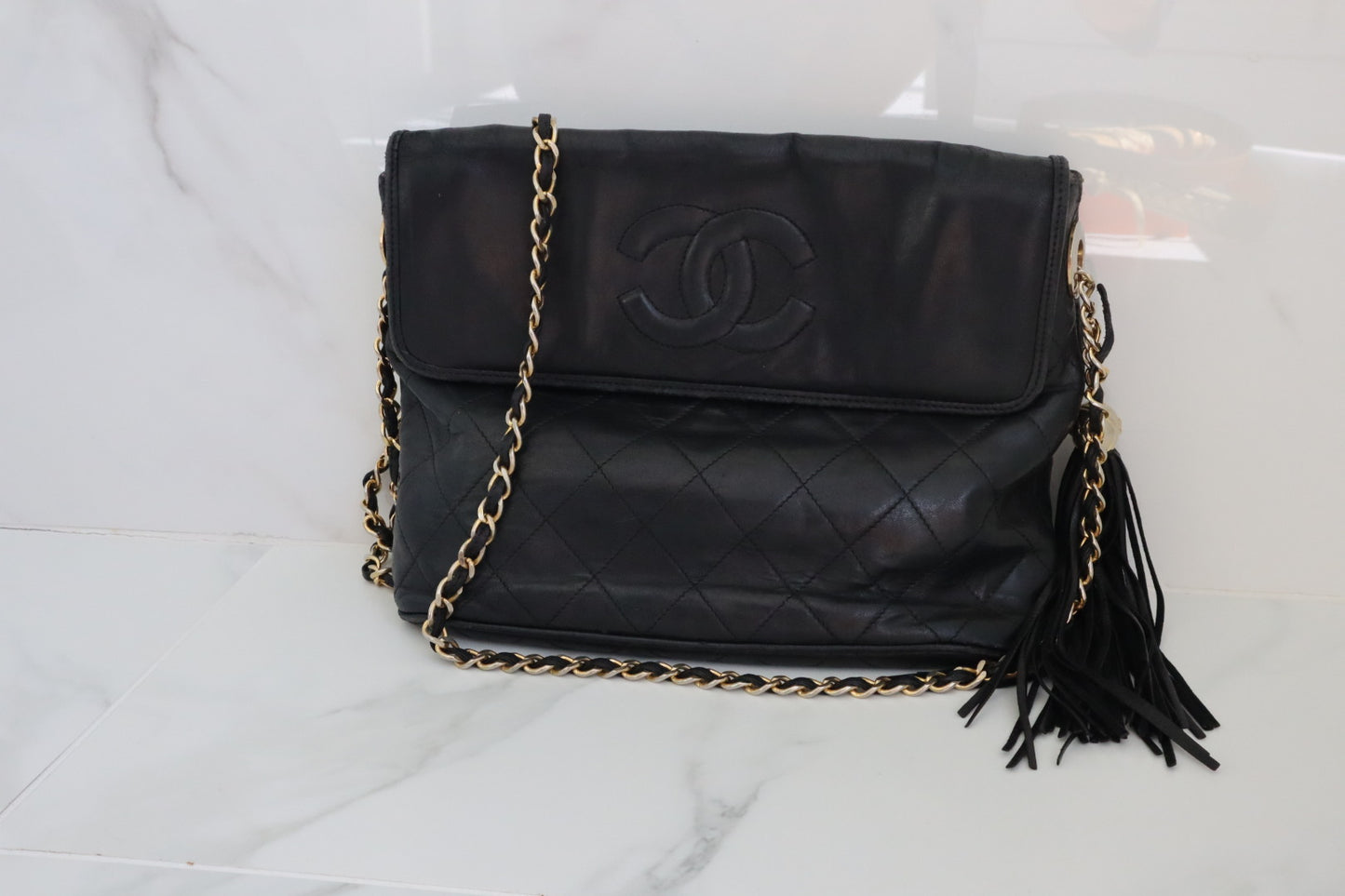 Chanel Vintage Round Tassel Crossbody Bag Quilted Lambskin Large