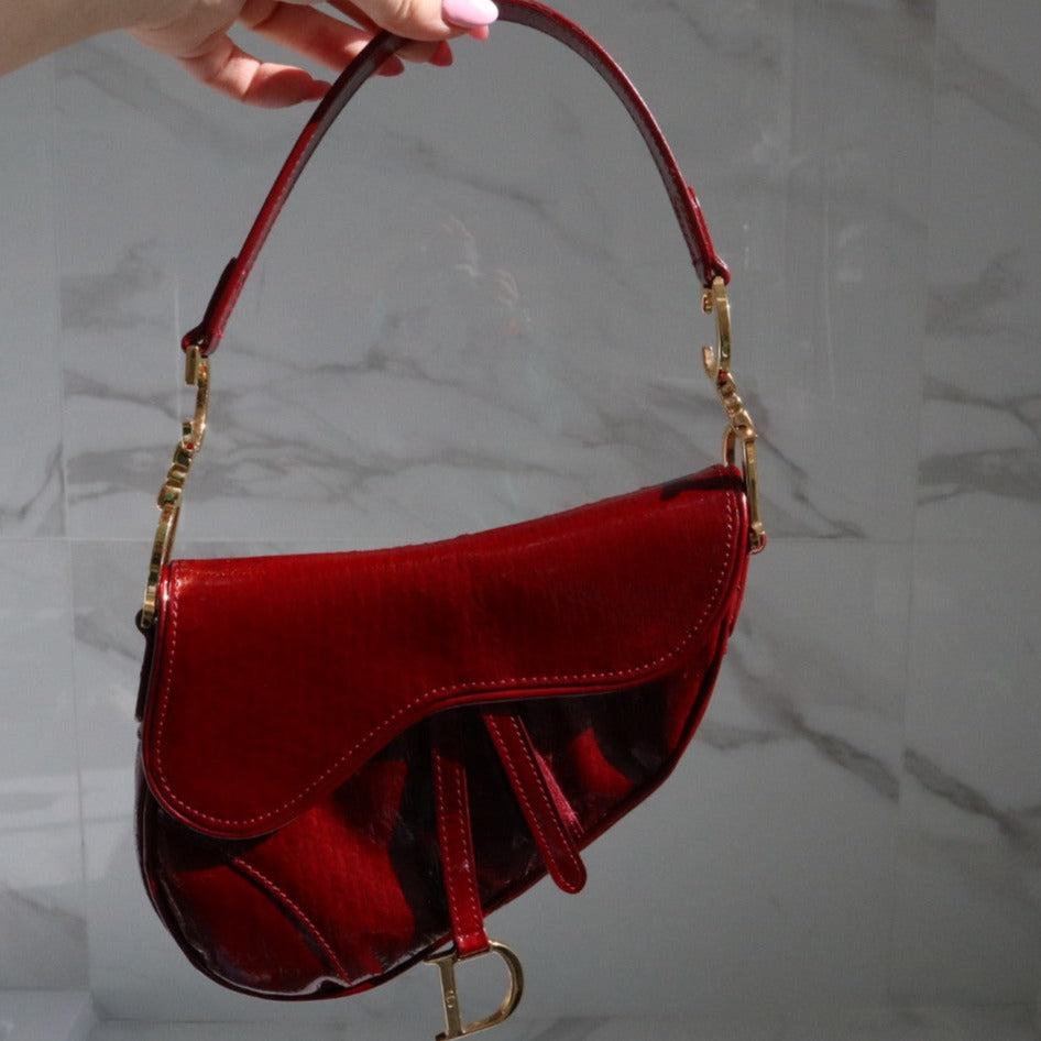 Dior cherry red online saddle bag